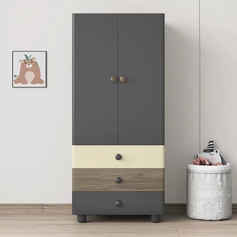 Compact charcoal two-door wardrobe with three drawers in mixed colours