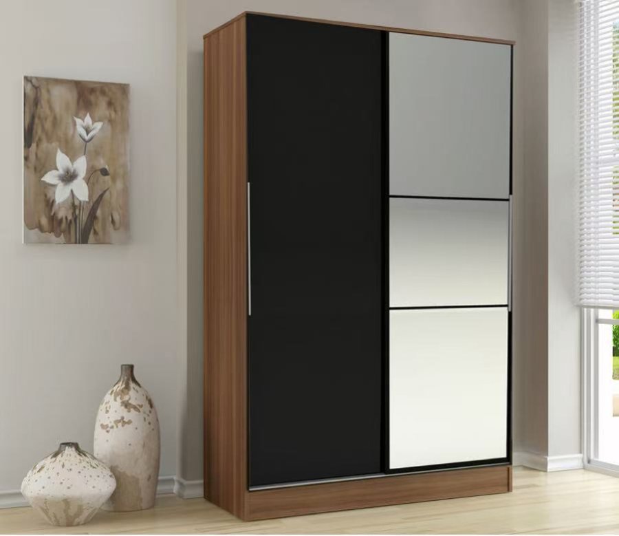 MONTELIO MODA, a sliding-door wardrobe with black and mirrored panels in a wood-tone frame