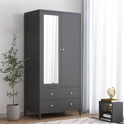 MONTELIO ROMA, a dark wardrobe with a mirrored door and two drawers on slim legs